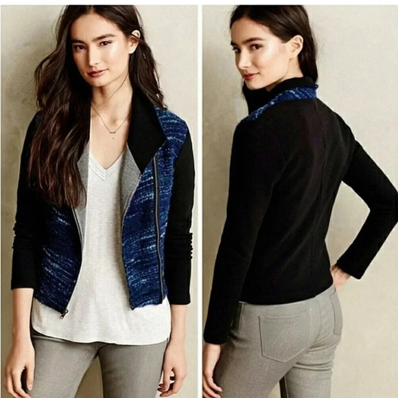 Anthropologie Dolan Alpaca Blend Moto Zip Jacket Front vs Back Blue Black Small - Picture 1 of 12